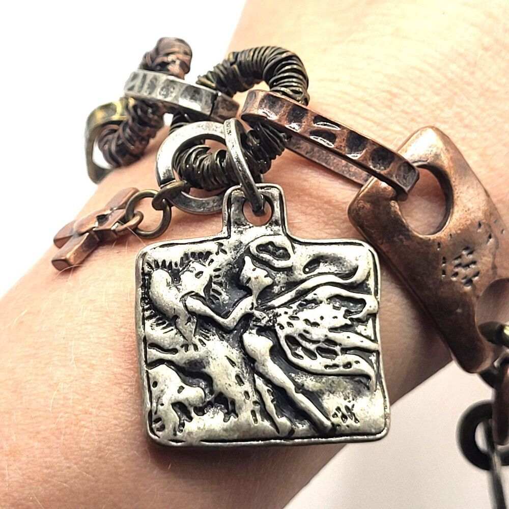 Vintage Mixed-Metal Charm Bracelet featuring a "Faerie Friends" Pendant 8in